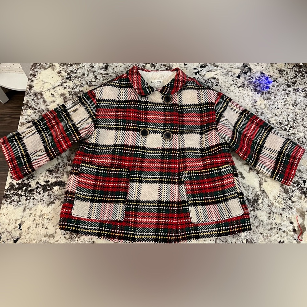 Zara Kids Tartan Pea Coat - Red, Black, White